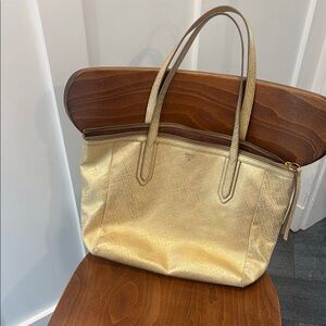 Fossil brand Gold Tote Bag shoulder bag genuine leather EUC